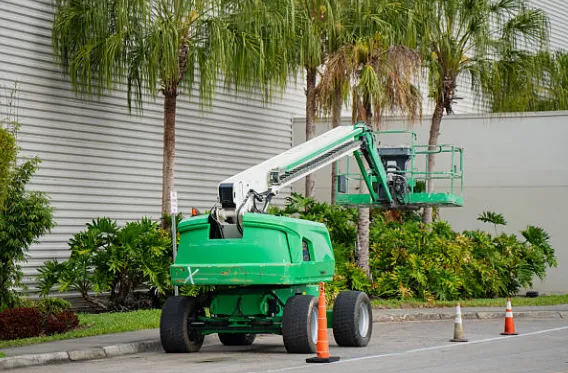 Elevated work platform used for palm tree work parked beside a row of palms
